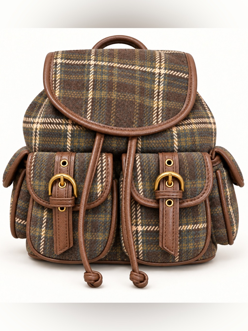 Madden Girl Brown, Green, and Tan Plaid Mini Backpack with Gold Hardware
